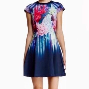 🔥 Ted Baker navy Harlow floral scuba dress cap sleeves Sz3 Medium